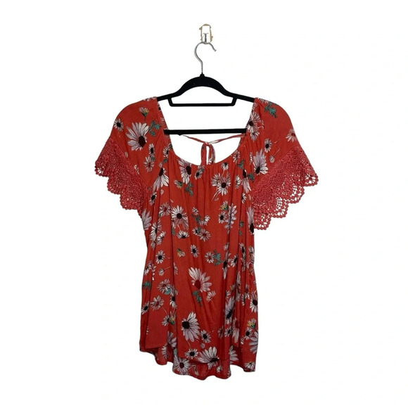 Maurices Burnt Orange Sunflower Print Lace Sleeve Tie Back Top Medium Women’s - Picture 2 of 12